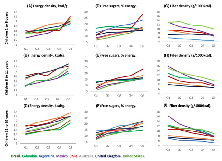 圖2 每個(gè)國(guó)家和三個(gè)年齡組的超加工食品份額（圖源：Obesity） 注：A、B、C平均膳食能量密度；D、E、F平均游離糖含量；G、H、I平均纖維含量  